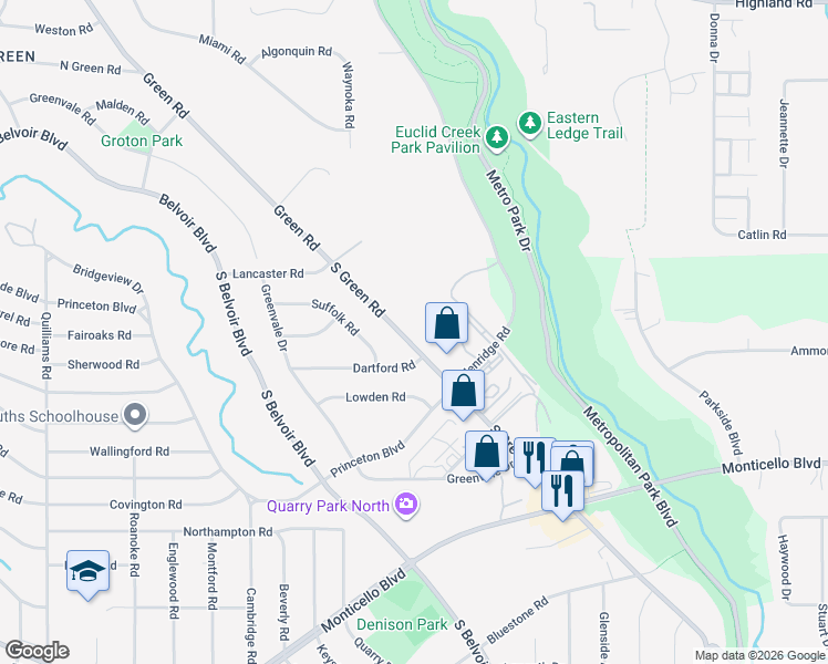 map of restaurants, bars, coffee shops, grocery stores, and more near 4127 Dartford Road in South Euclid