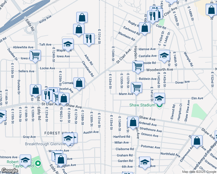map of restaurants, bars, coffee shops, grocery stores, and more near 1304 East 133rd Street in East Cleveland