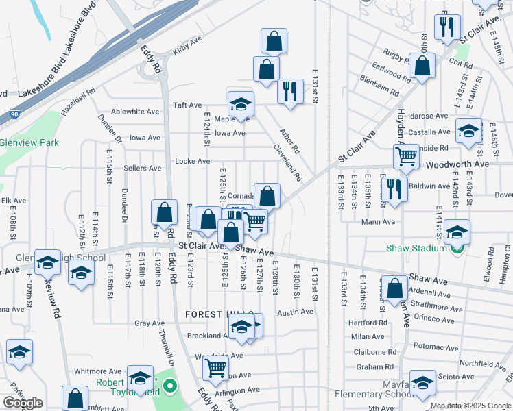 map of restaurants, bars, coffee shops, grocery stores, and more near 12615 Saint Clair Avenue in Cleveland