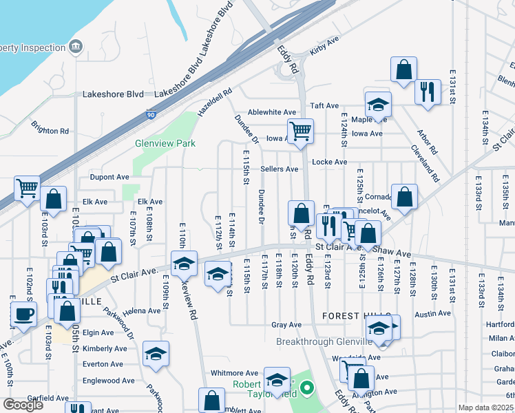 map of restaurants, bars, coffee shops, grocery stores, and more near 543 East 115th Street in Cleveland