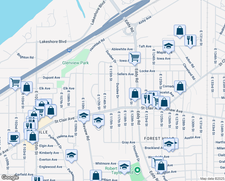 map of restaurants, bars, coffee shops, grocery stores, and more near 543 East 115th Street in Cleveland