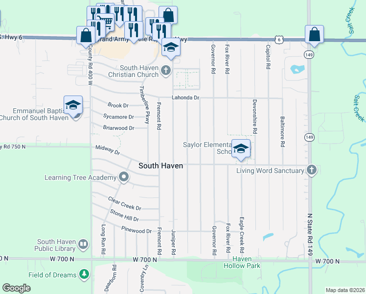 map of restaurants, bars, coffee shops, grocery stores, and more near 740 Imperial Road in Valparaiso