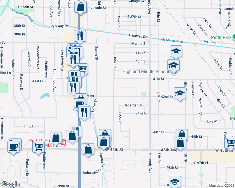 map of restaurants, bars, coffee shops, grocery stores, and more near 2540 Hart Street in Dyer