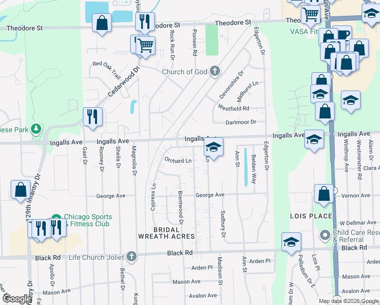 map of restaurants, bars, coffee shops, grocery stores, and more near 1100 Pearson Drive in Joliet