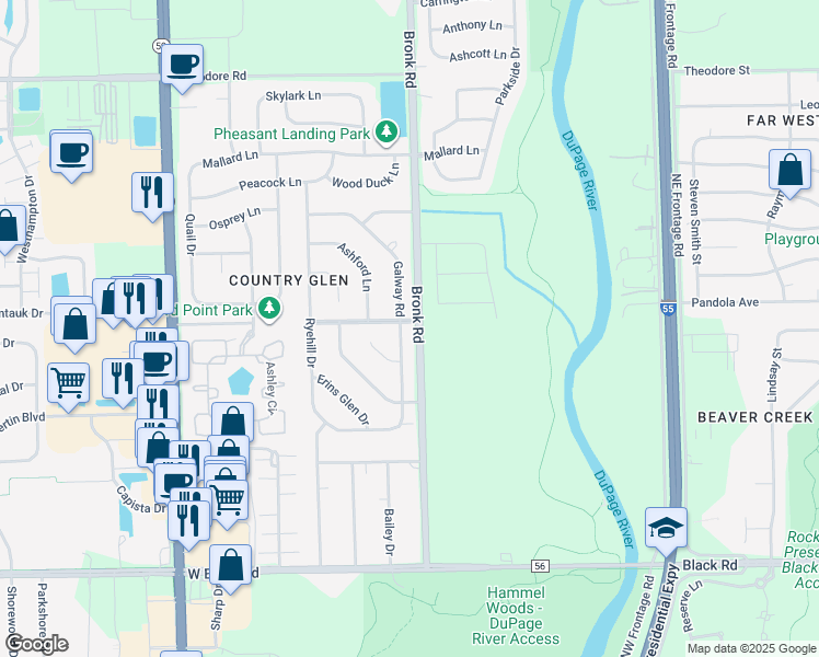 map of restaurants, bars, coffee shops, grocery stores, and more near 1108 Galway Road in Joliet