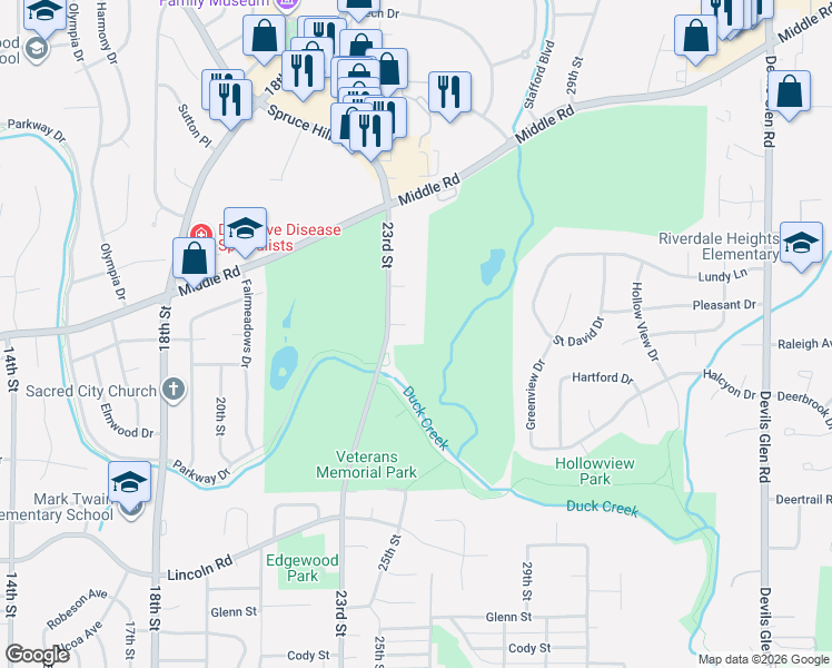 map of restaurants, bars, coffee shops, grocery stores, and more near Duck Creek Trail Parkway in Bettendorf