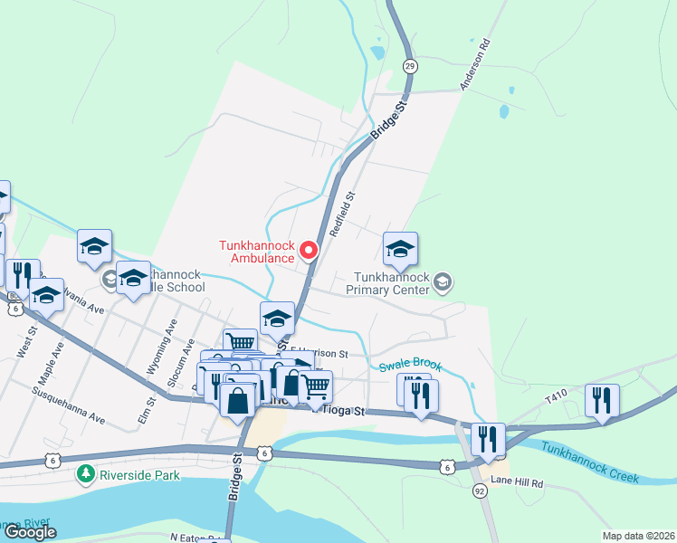 map of restaurants, bars, coffee shops, grocery stores, and more near 31 Digger Drive in Tunkhannock
