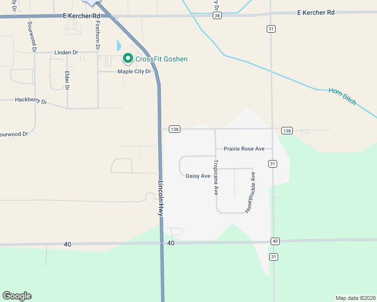 map of restaurants, bars, coffee shops, grocery stores, and more near 16370 Sunflower Avenue in Goshen