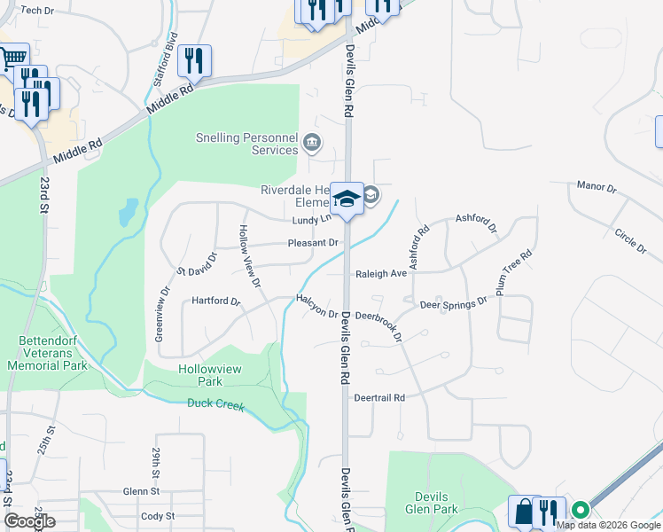 map of restaurants, bars, coffee shops, grocery stores, and more near 3449 Devils Glen Court in Bettendorf