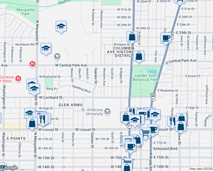 map of restaurants, bars, coffee shops, grocery stores, and more near 2221 Western Avenue in Davenport