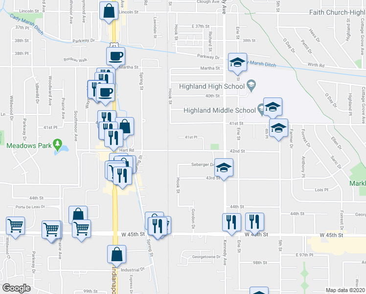 map of restaurants, bars, coffee shops, grocery stores, and more near 2623 Hart Road in Highland
