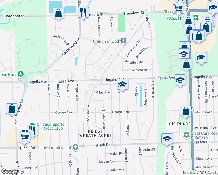 map of restaurants, bars, coffee shops, grocery stores, and more near 1100 Pearson Drive in Joliet