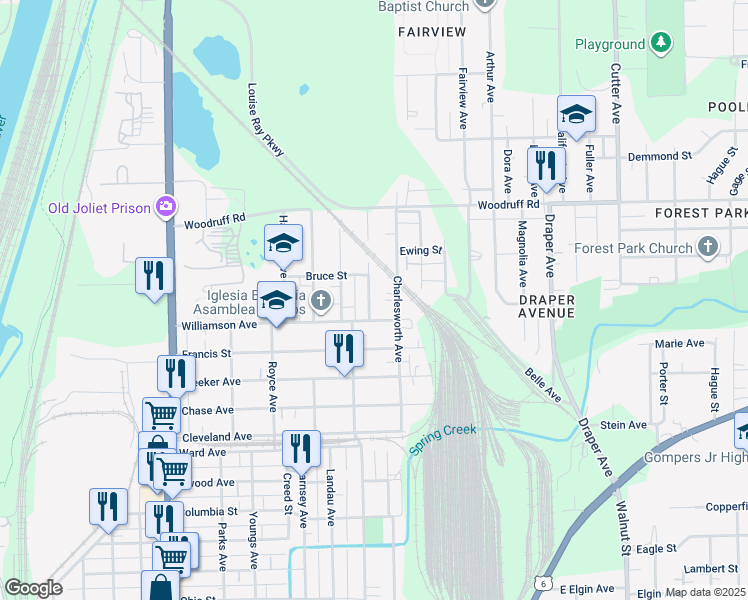 map of restaurants, bars, coffee shops, grocery stores, and more near 1010 Valley Avenue in Joliet