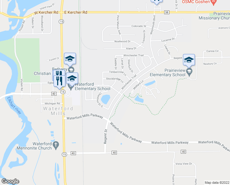 map of restaurants, bars, coffee shops, grocery stores, and more near 67 Winchester Trail in Goshen