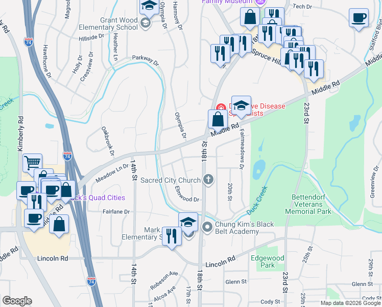 map of restaurants, bars, coffee shops, grocery stores, and more near 1917 Elmwood Lane in Bettendorf