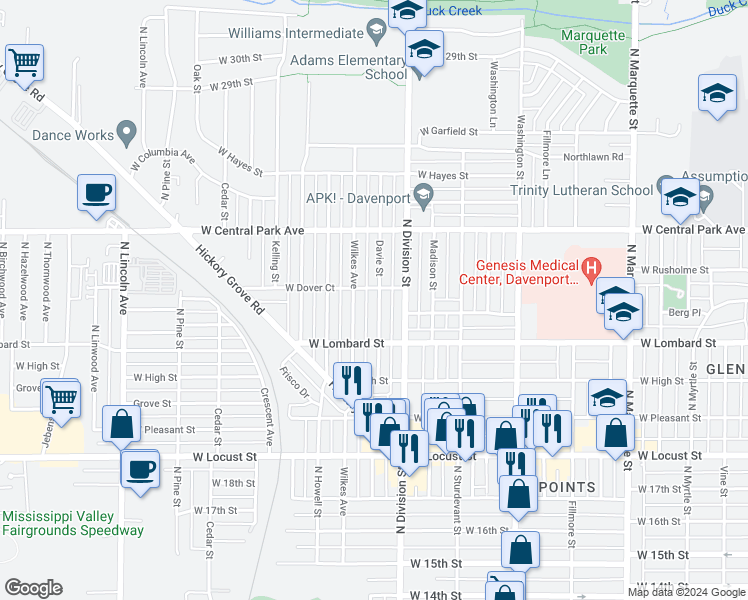 map of restaurants, bars, coffee shops, grocery stores, and more near 2318 Davie Street in Davenport