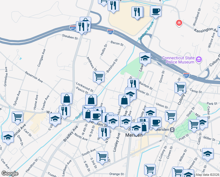 map of restaurants, bars, coffee shops, grocery stores, and more near 28 Water Street in Meriden