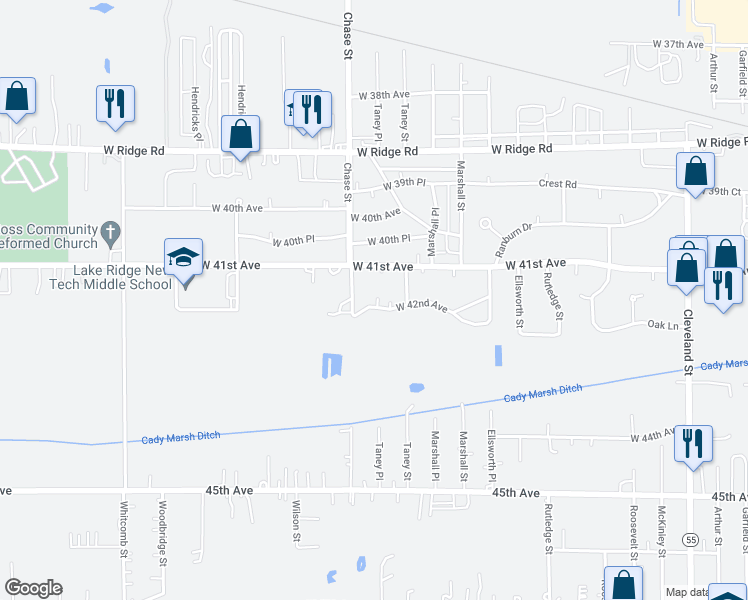map of restaurants, bars, coffee shops, grocery stores, and more near 3000 West 42nd Avenue in Gary