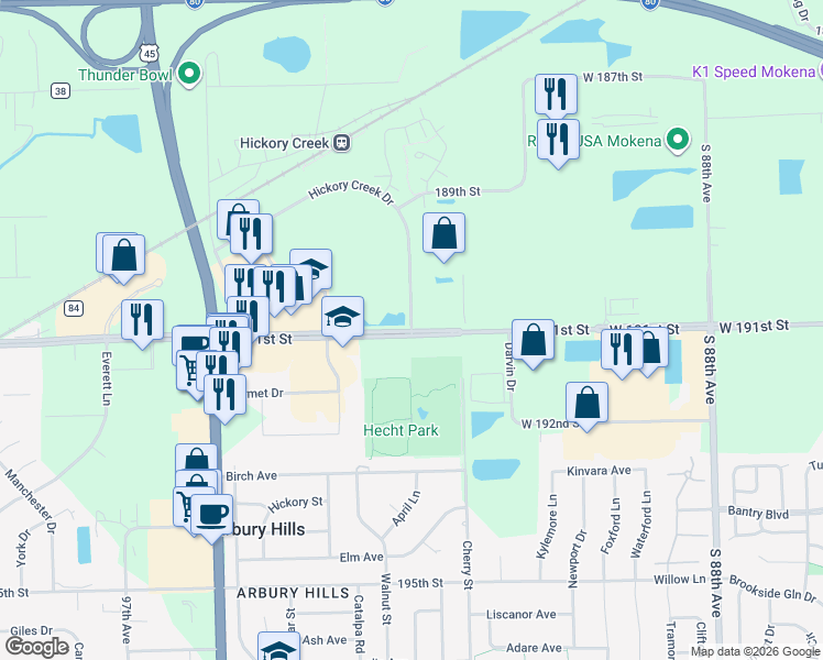 map of restaurants, bars, coffee shops, grocery stores, and more near 19000-19098 Hickory Creek Drive in Mokena