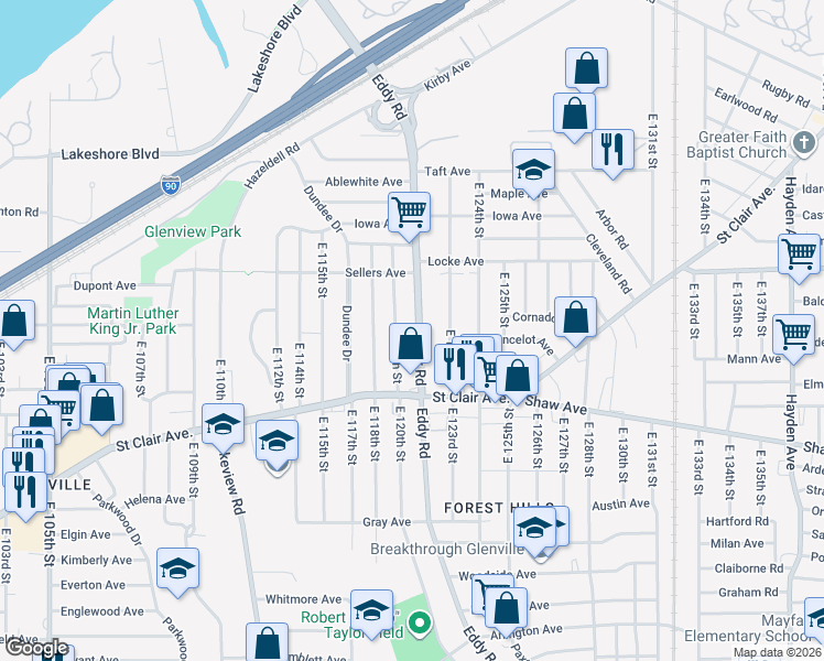 map of restaurants, bars, coffee shops, grocery stores, and more near 482 Eddy Road in Cleveland