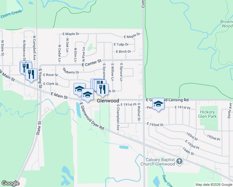 map of restaurants, bars, coffee shops, grocery stores, and more near 424 East Clark Street in Glenwood