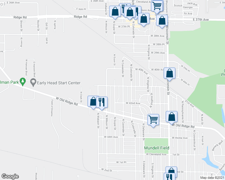 map of restaurants, bars, coffee shops, grocery stores, and more near 336 North Guyer Street in Hobart