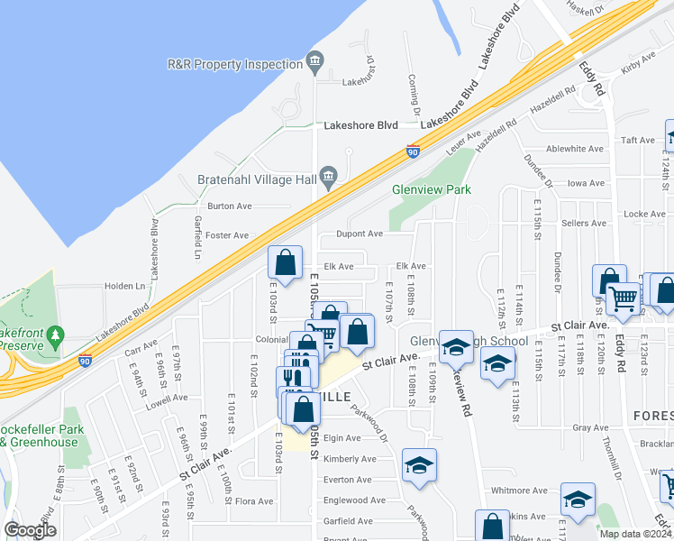 map of restaurants, bars, coffee shops, grocery stores, and more near 10524 Elk Avenue in Cleveland