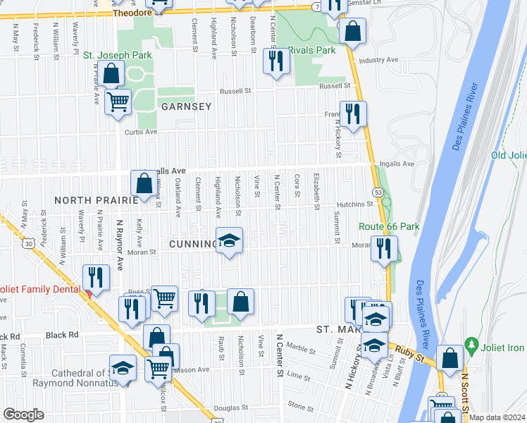 map of restaurants, bars, coffee shops, grocery stores, and more near 410 Hutchins Street in Joliet