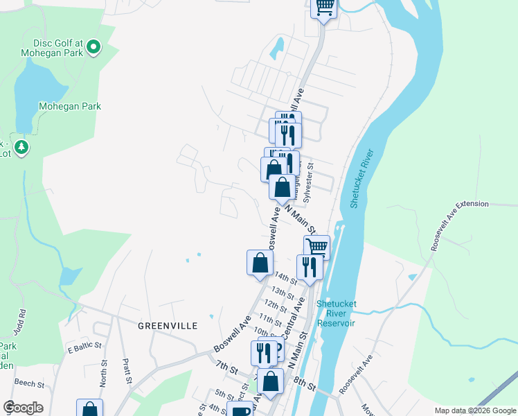 map of restaurants, bars, coffee shops, grocery stores, and more near 646 Boswell Avenue in Norwich