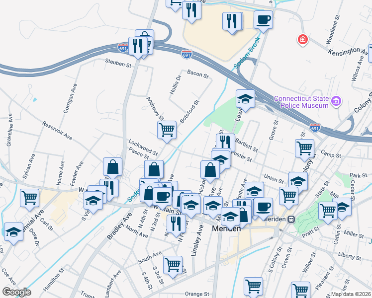 map of restaurants, bars, coffee shops, grocery stores, and more near 28 Water Street in Meriden
