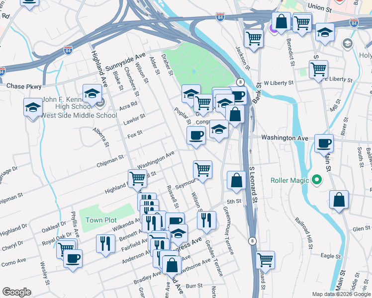 map of restaurants, bars, coffee shops, grocery stores, and more near 27 Alder Street in Waterbury