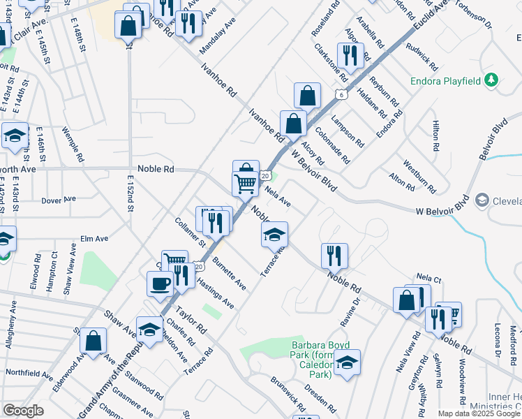 map of restaurants, bars, coffee shops, grocery stores, and more near 16160 Euclid Avenue in East Cleveland