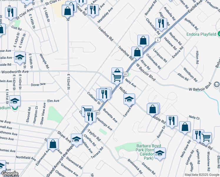 map of restaurants, bars, coffee shops, grocery stores, and more near 1744 Noble Road in East Cleveland