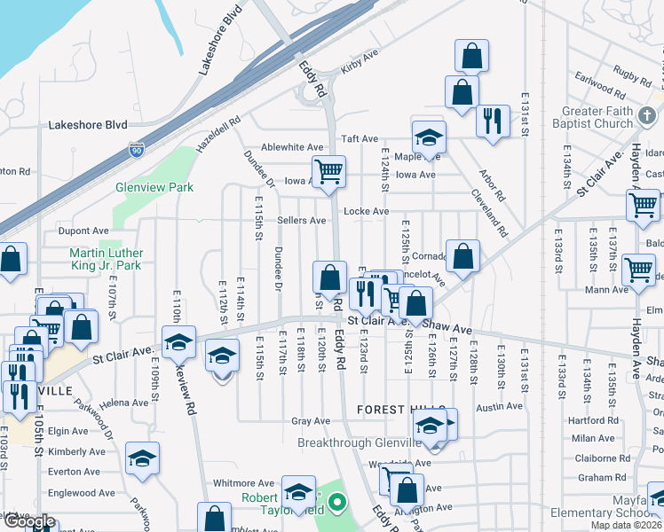 map of restaurants, bars, coffee shops, grocery stores, and more near 482 Eddy Road in Cleveland