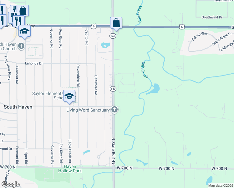 map of restaurants, bars, coffee shops, grocery stores, and more near 296 Dawn Drive in Valparaiso