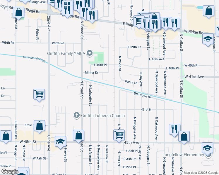 map of restaurants, bars, coffee shops, grocery stores, and more near 1222 Rensselaer Court in Griffith