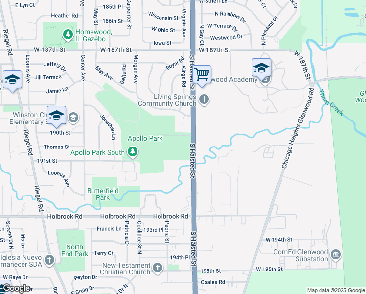 map of restaurants, bars, coffee shops, grocery stores, and more near 18960 South Halsted Street in Homewood