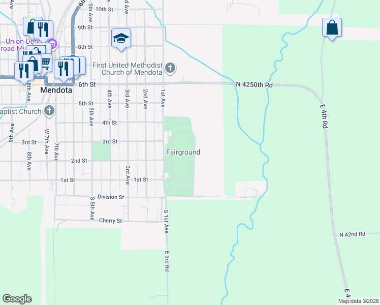 map of restaurants, bars, coffee shops, grocery stores, and more near 503 1st Street in Mendota
