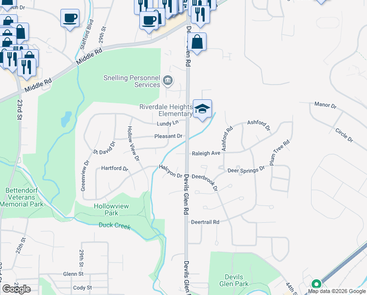 map of restaurants, bars, coffee shops, grocery stores, and more near 3429 Pleasant Drive in Bettendorf
