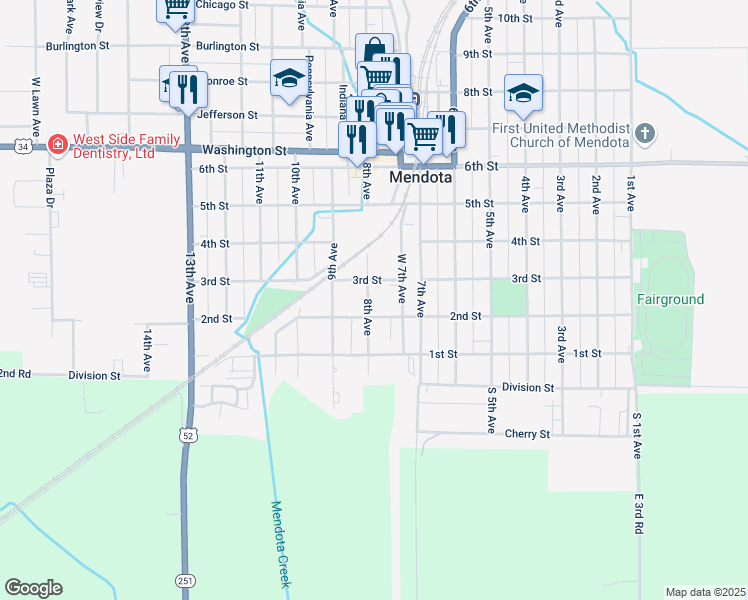 map of restaurants, bars, coffee shops, grocery stores, and more near 305 8th Avenue in Mendota