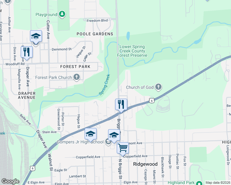 map of restaurants, bars, coffee shops, grocery stores, and more near 1005 Fernwood Avenue in Joliet