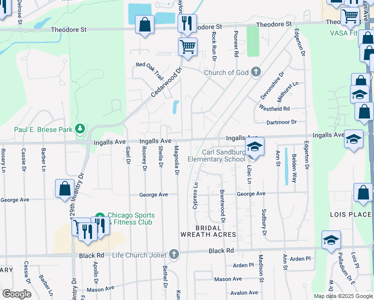 map of restaurants, bars, coffee shops, grocery stores, and more near 1131 Elizabeth Court in Crest Hill