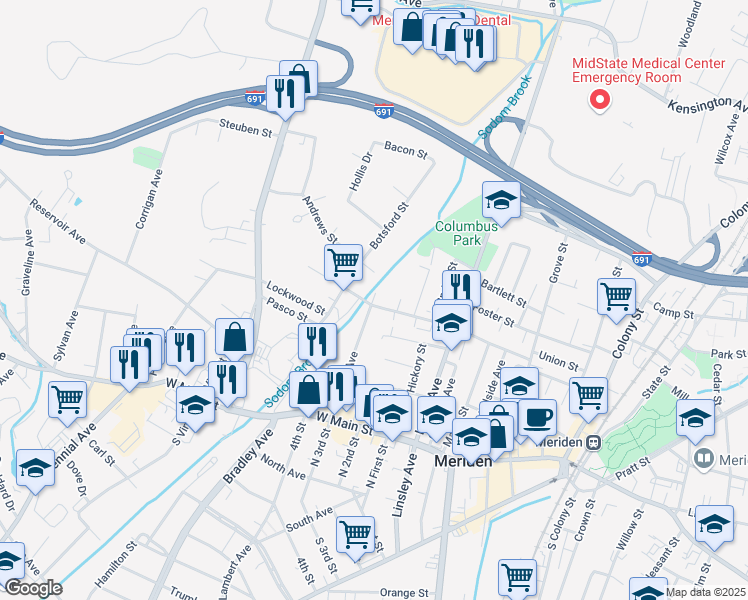 map of restaurants, bars, coffee shops, grocery stores, and more near 141 Andrews Street in Meriden