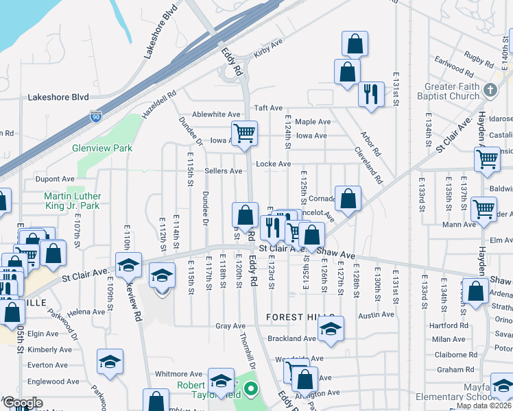 map of restaurants, bars, coffee shops, grocery stores, and more near 482 Eddy Road in Cleveland