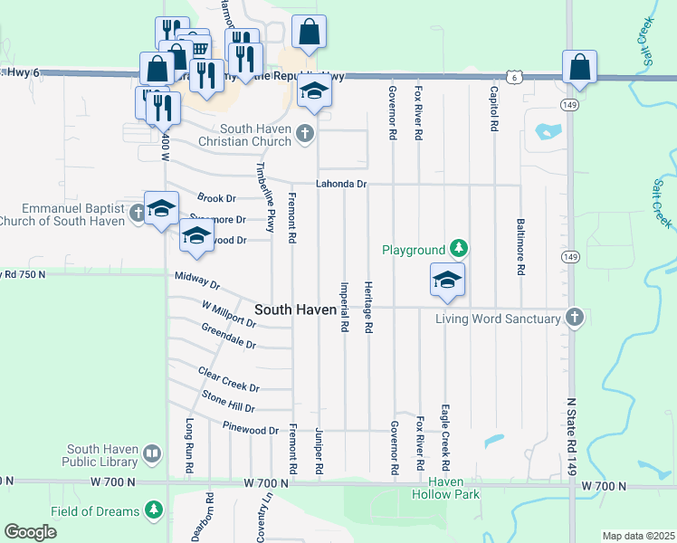 map of restaurants, bars, coffee shops, grocery stores, and more near 748 Imperial Road in Valparaiso