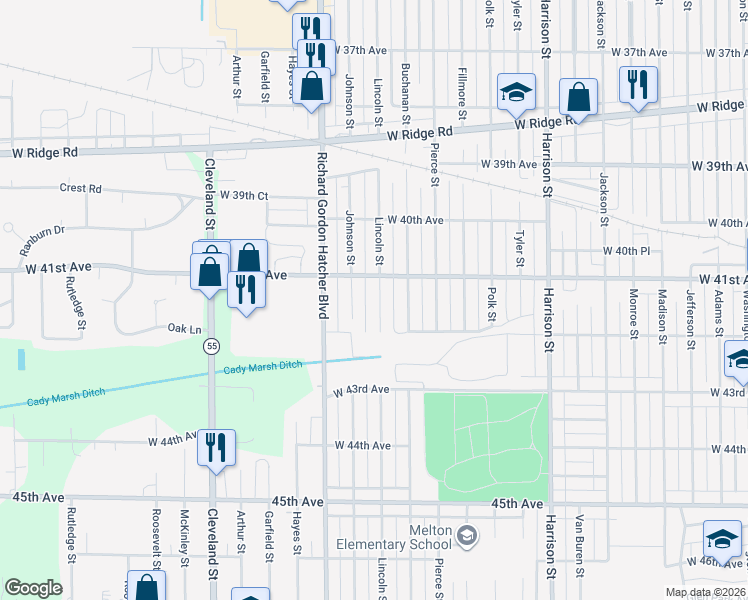 map of restaurants, bars, coffee shops, grocery stores, and more near 4132 Lincoln Street in Gary