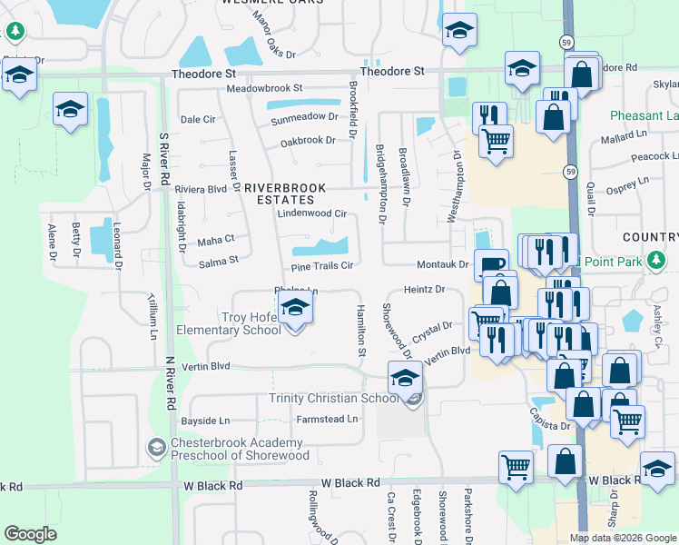 map of restaurants, bars, coffee shops, grocery stores, and more near 5207 Pine Trails Circle in Plainfield