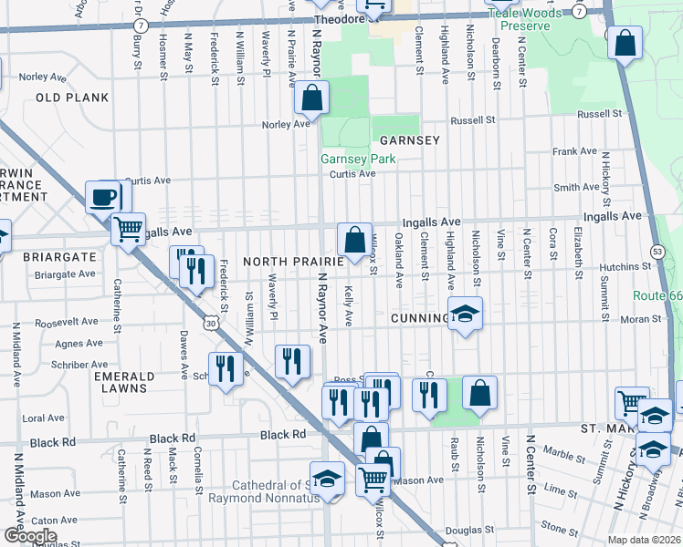 map of restaurants, bars, coffee shops, grocery stores, and more near 751 Hutchins Street in Joliet