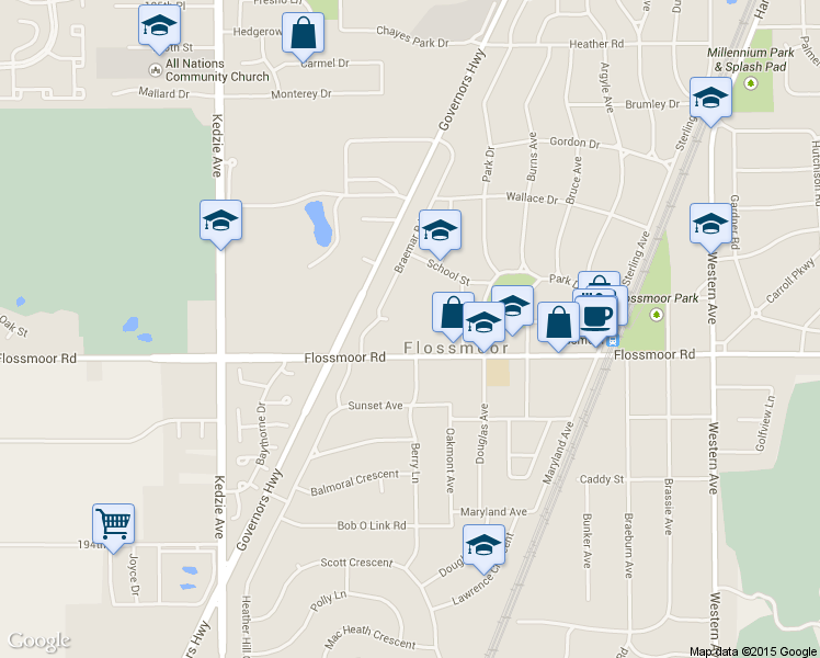 map of restaurants, bars, coffee shops, grocery stores, and more near 2810 School St in Flossmoor