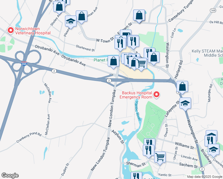map of restaurants, bars, coffee shops, grocery stores, and more near 2121 Old Pond Lane in Norwich